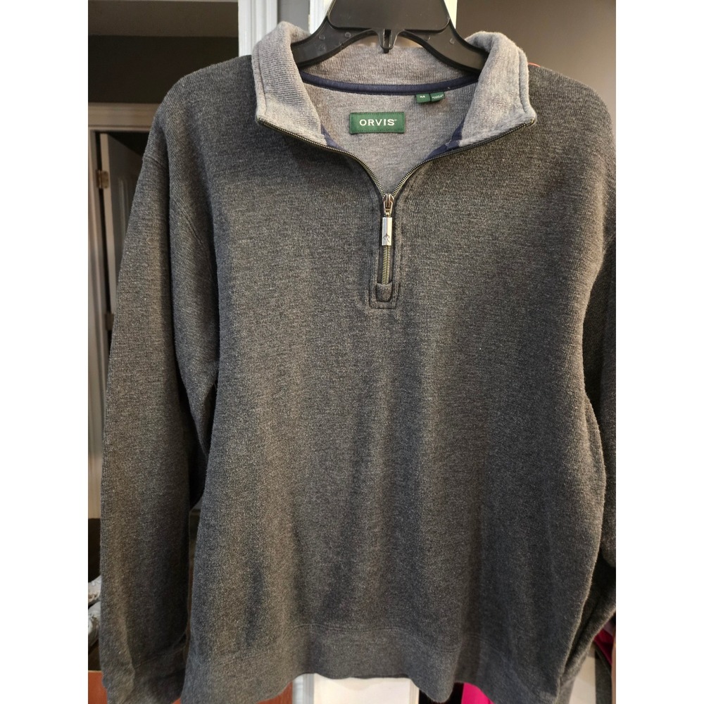 Orvis Mens Quarter Zip Pullover Sweater Charcoal Gray Heather Mock Neck Size M